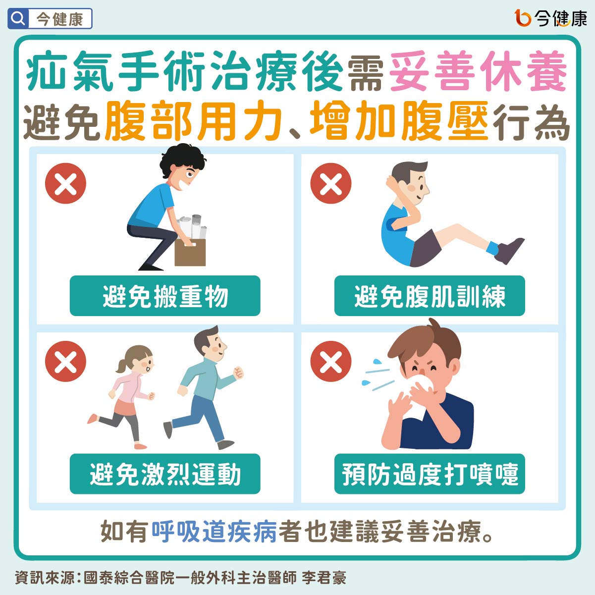 疝氣手術治療後需妥善休養,避免腹部用力、增加腹壓行為!