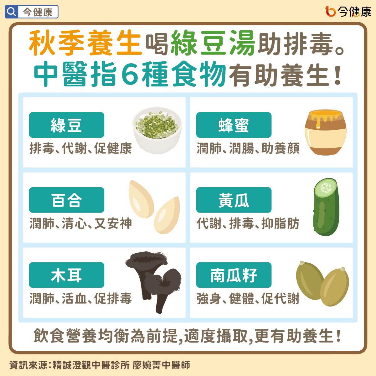 秋季養生喝綠豆湯助排毒。中醫指６種食物有助養生！