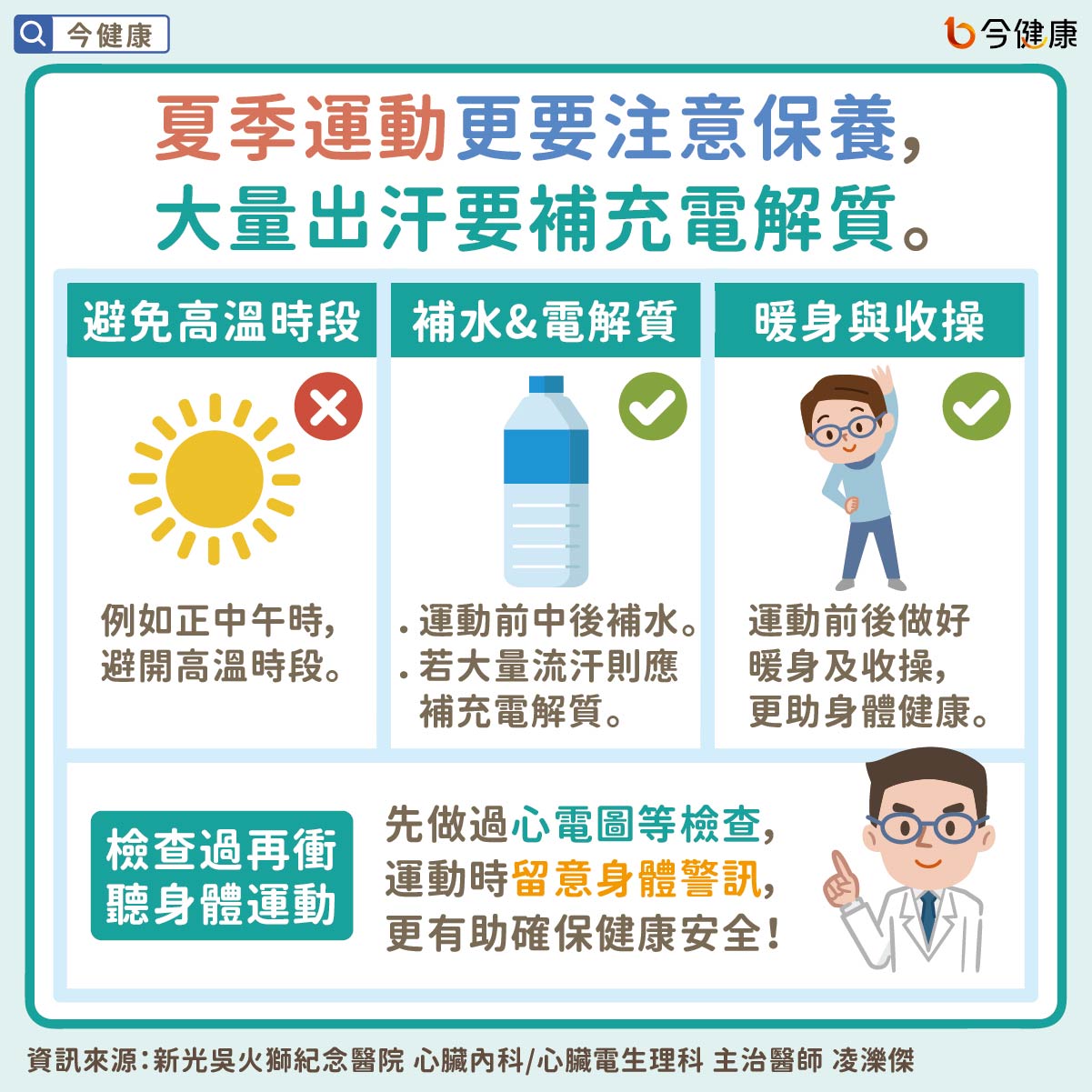 夏季運動更要注意保養,大量出汗要補充電解質。