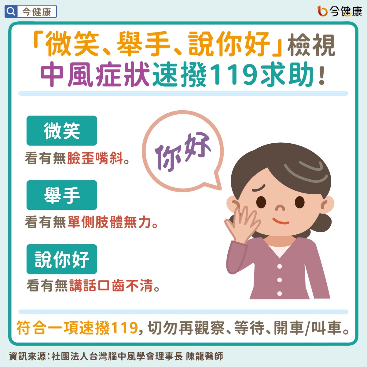「微笑、舉手、說你好」檢視 中風症狀速撥119求助!